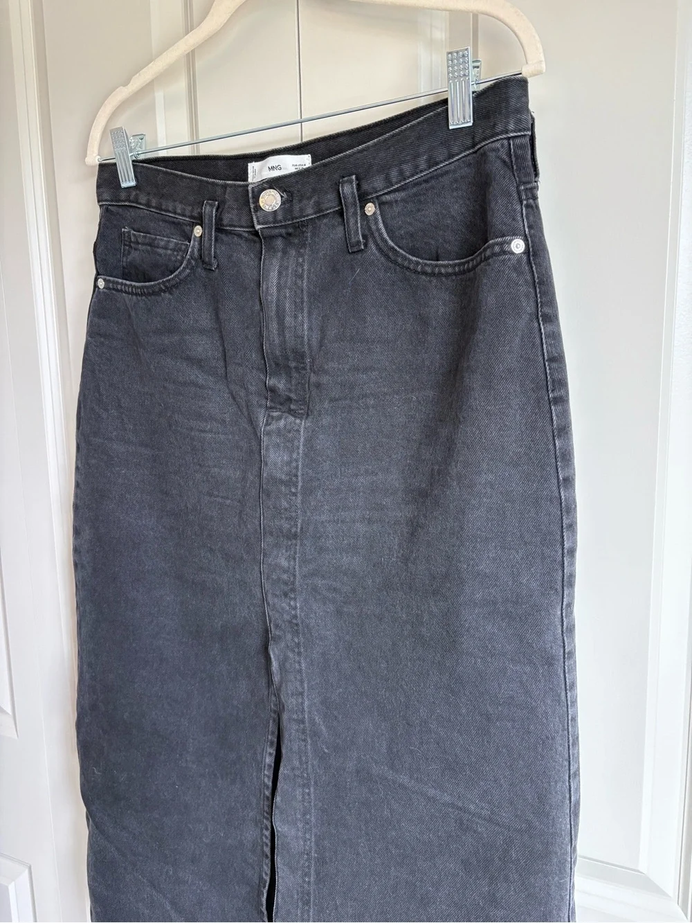 MNG Mango Black Denim Midi Skirt Front Slit Collegiate Academia Size Medium